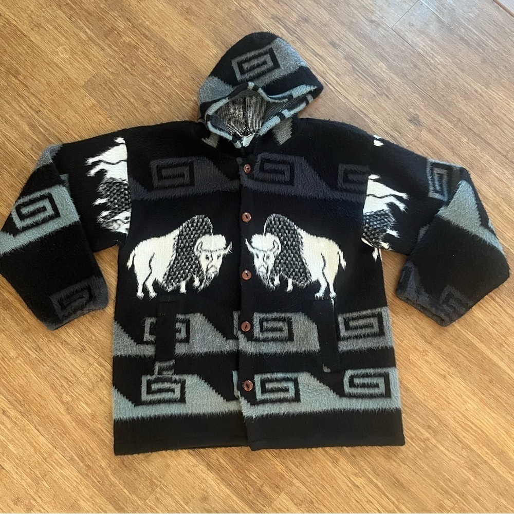 Vintage Black Buffalo Cardigan Sweater Jacket, L